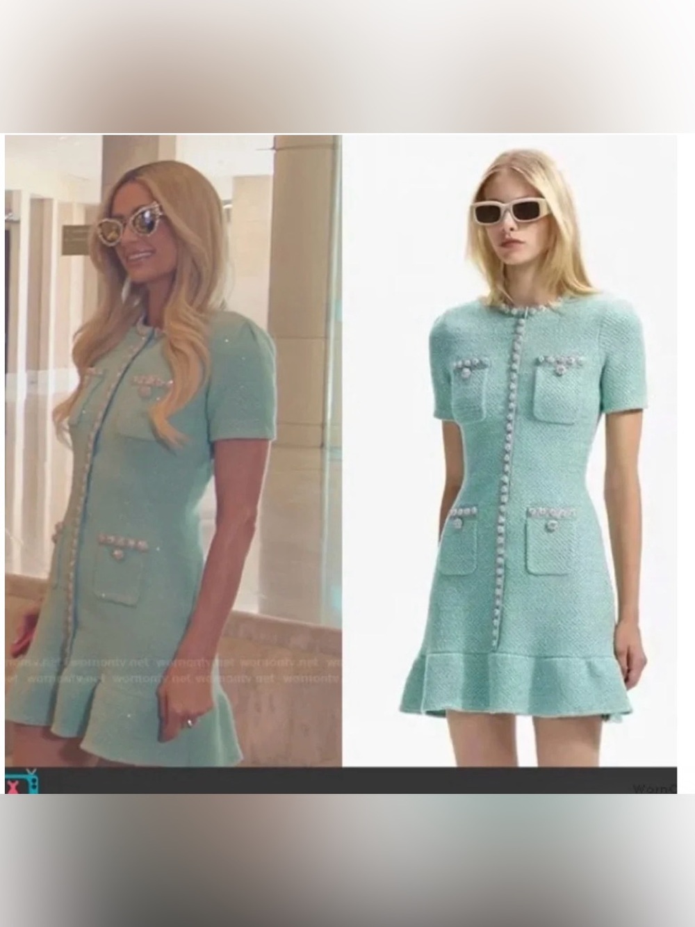 Self-Portrait Mint Green Tweed Short-Sleeve Pocket Dress with Jewel Trim - Picture 2 of 7